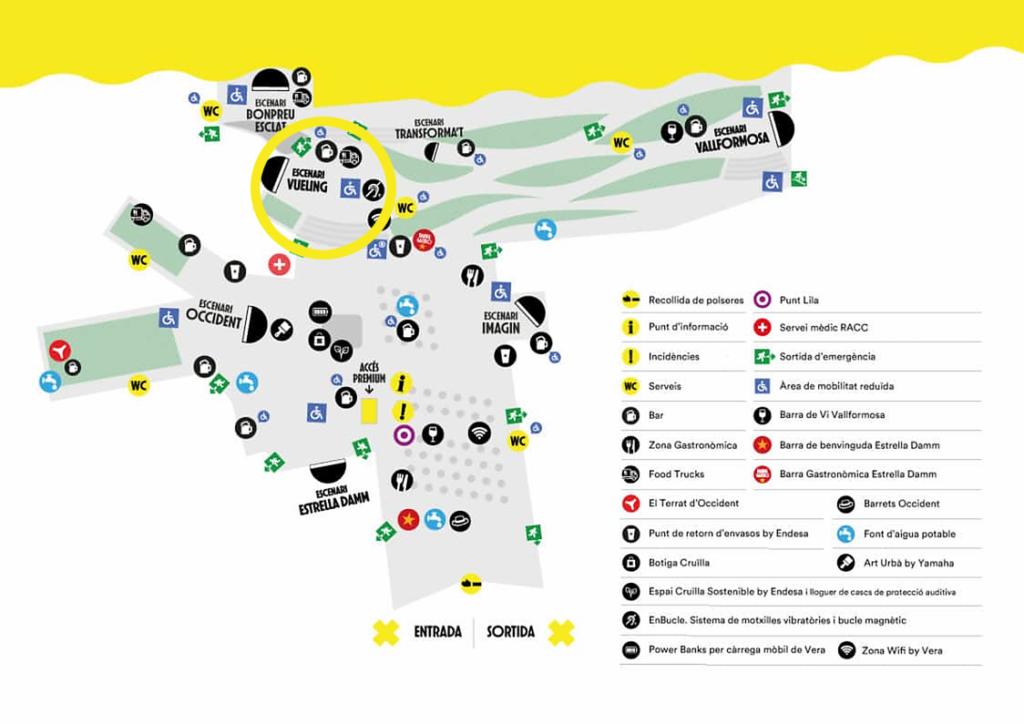 Plànol del recinte del Cruïlla amb els escenaris Vueling, Vallformosa i Bonpreu, on hi ha serveis d’accessibilitat auditiva amb motxilles vibratòries i bucle magnètic.